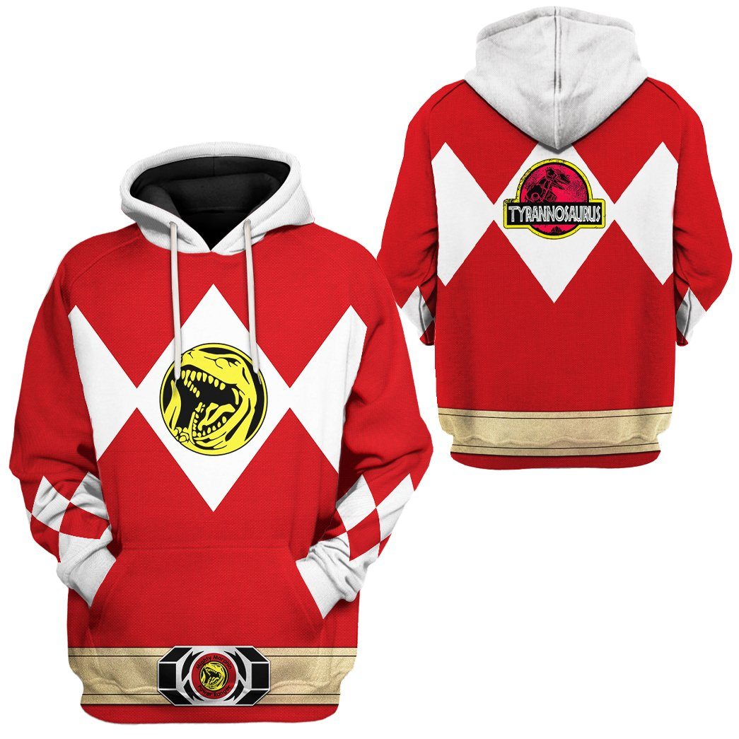 Power Ranger Hoodie Red Mighty Morphin Power Ranger Tyrannosaurus Hoodie Red White Unisex - Cozy Hoodie For Cold Weather
