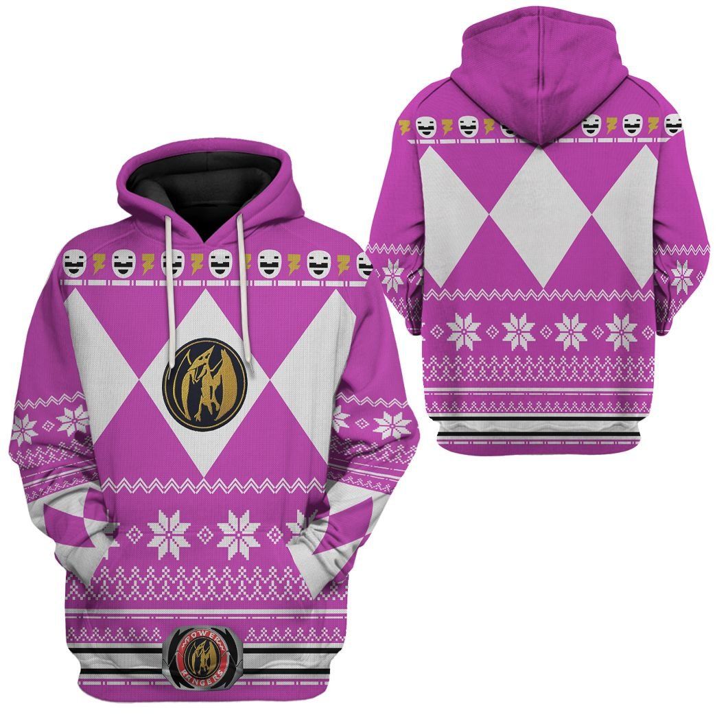 Power Ranger Hoodie Pink Mighty Morphin Power Ranger Christmas Pattern Hoodie Pink White Unisex - Cozy Hoodie For Cold Weather