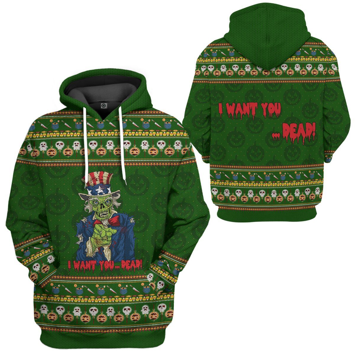 Zombie Hoodie Uncle Sam Zombie I Want You Hoodie Green Unisex - Cozy Hoodie For Cold Weather