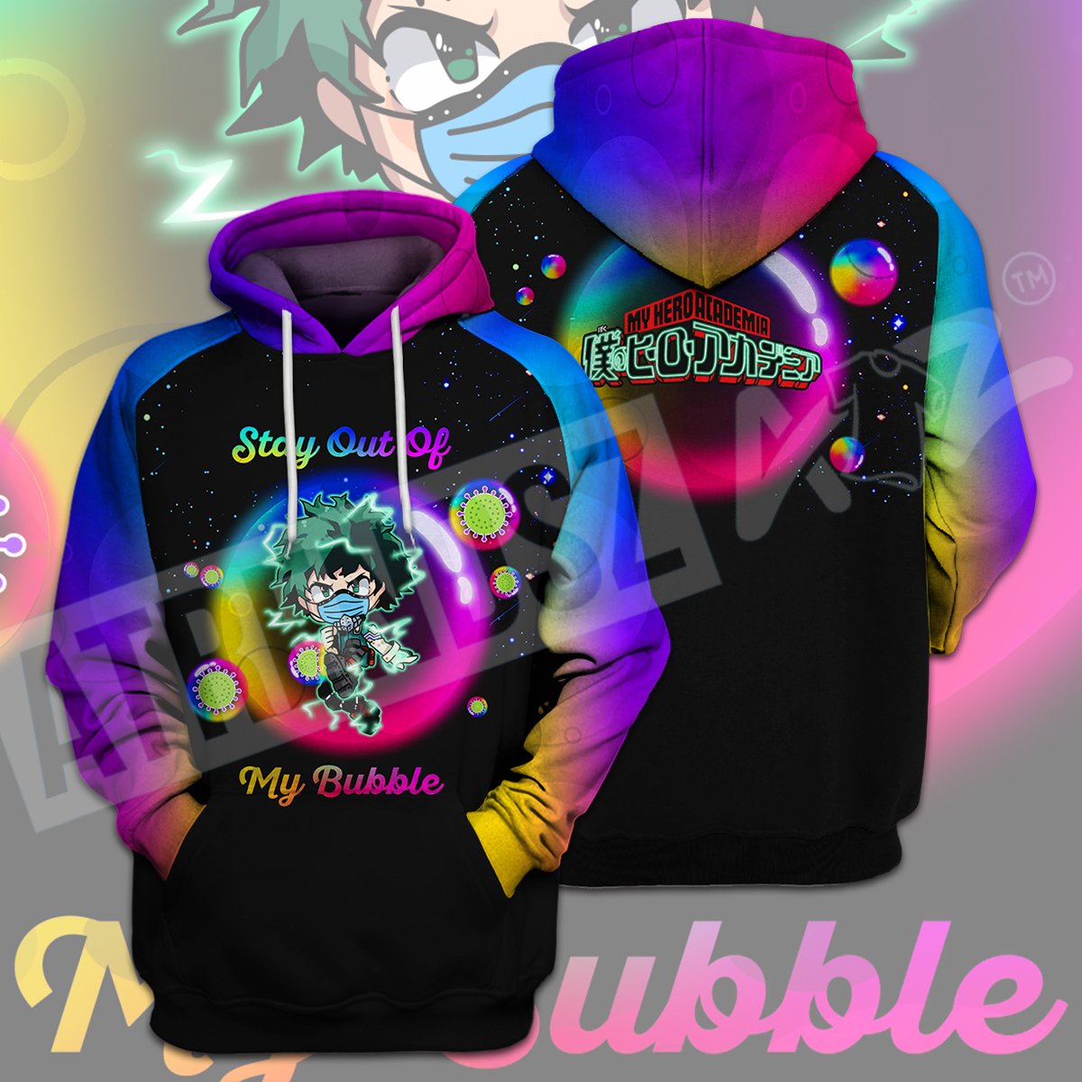 My Hero Academia Covid T-shirt Midoriya Izuku Stay Out Of My Bubble Pink Purple Black T-shirt Hoodie