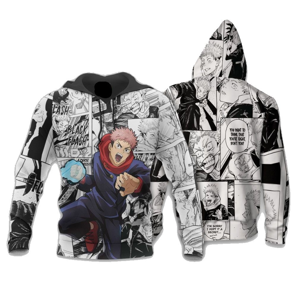 Jujutsu Kaisen Hoodie Itadori Yuuji Manga Style Hoodie Black White Unisex