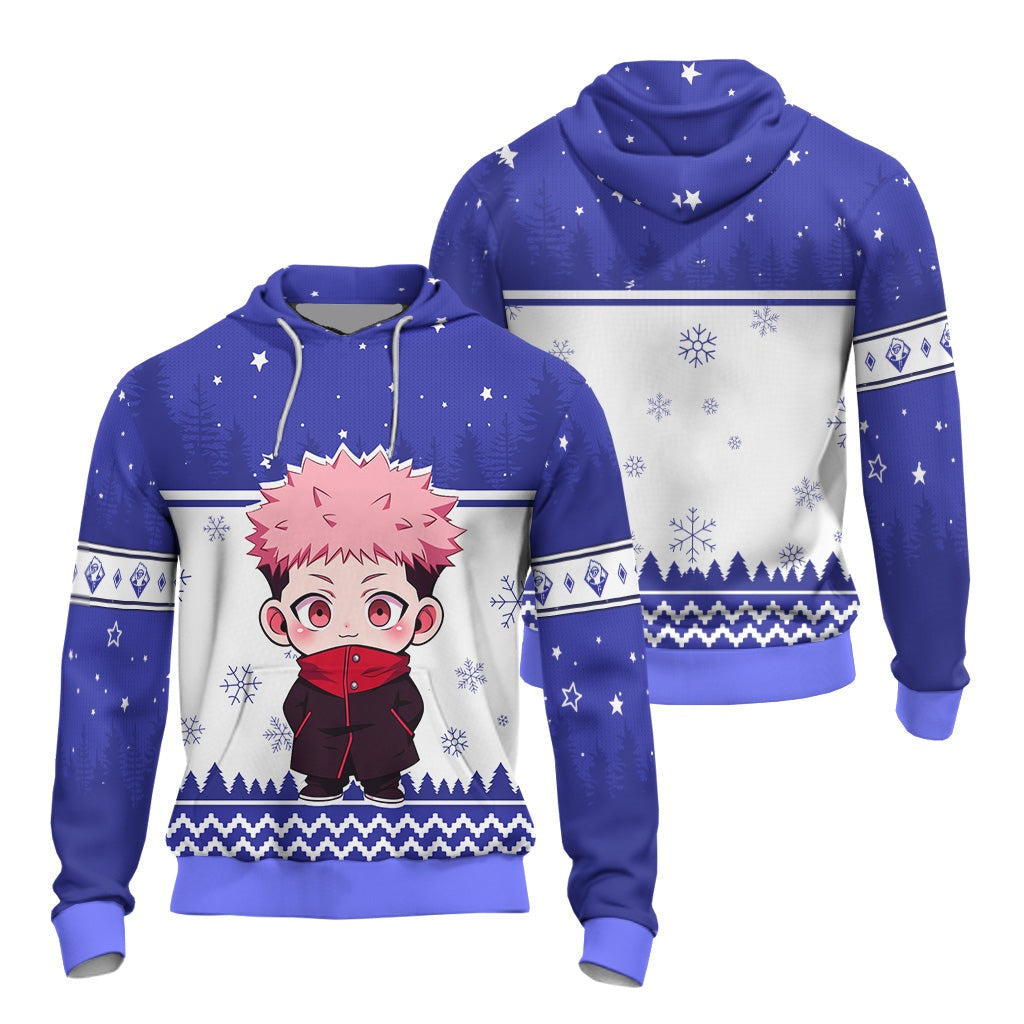 Jujutsu Kaisen Hoodie Jujutsu Kaisen Itadori Yuji Christmas Pattern Hoodie Blue White Unisex - Cozy Hoodie For Cold Weather