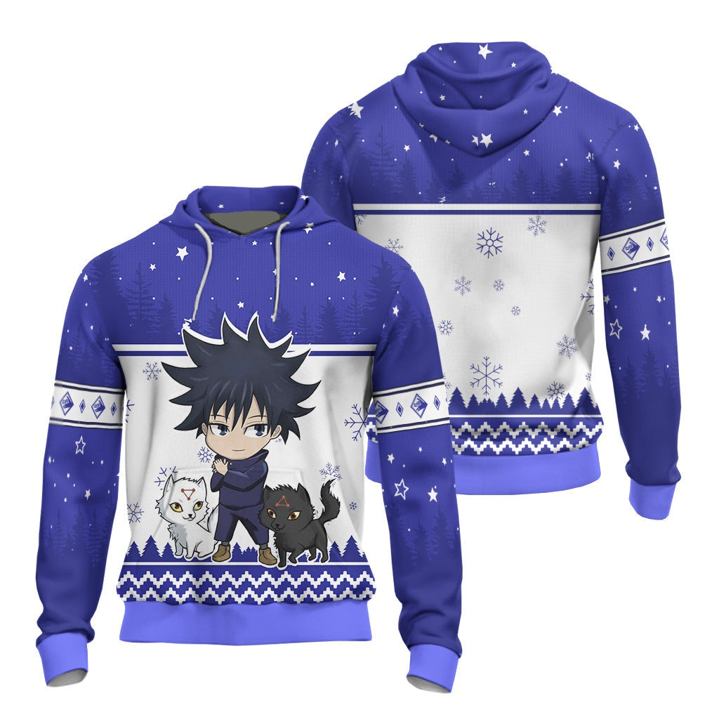 Jujutsu Kaisen Hoodie Jujutsu Kaisen Megumi Fushiguro Christmas Pattern Hoodie Blue White Unisex - Cozy Hoodie For Cold Weather