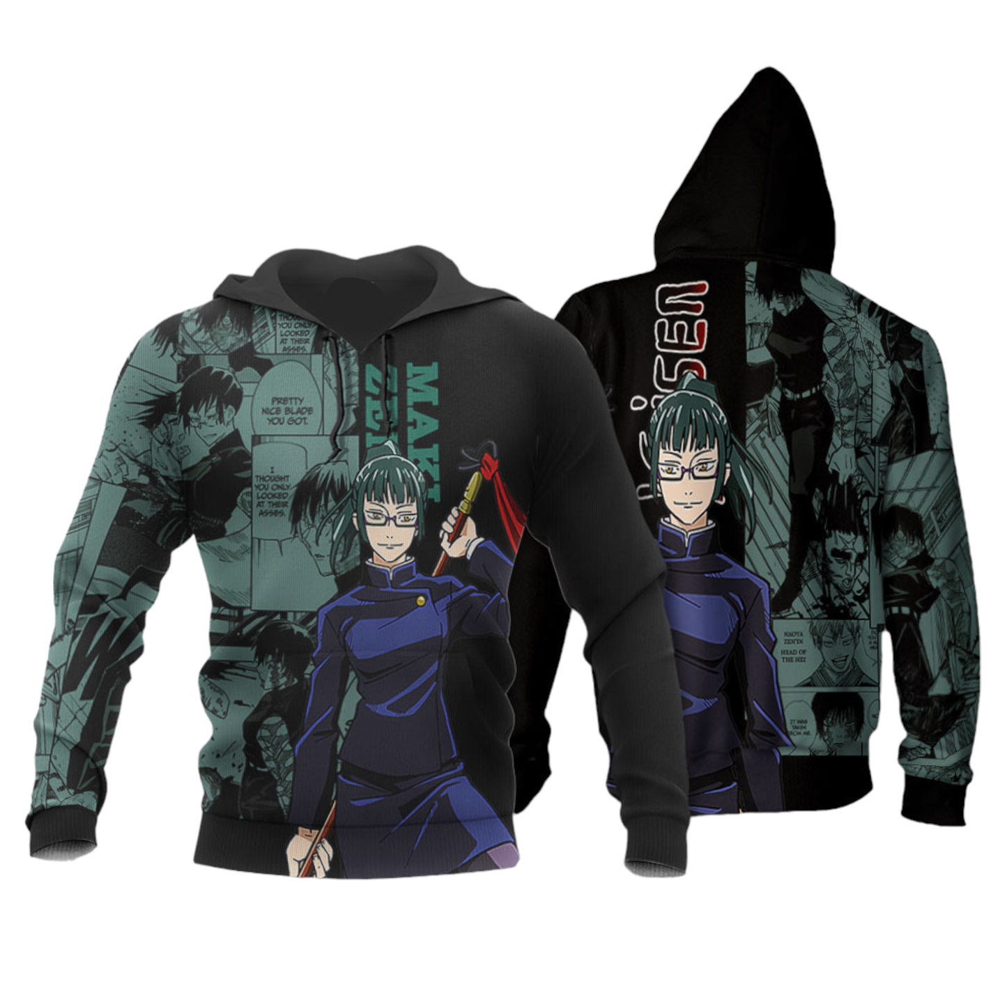 Jujutsu Kaisen Hoodie Maki Zenin Character Manga Pattern Hoodie Black Green Unisex - Cozy Hoodie For Cold Weather