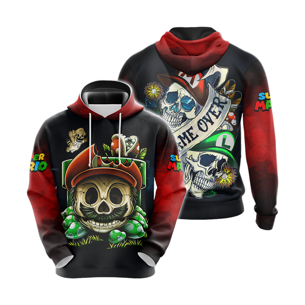 Mario Hoodie Mario Skull Game Over Hoodie Black Red Unisex - Cozy Hoodie For Cold Weather