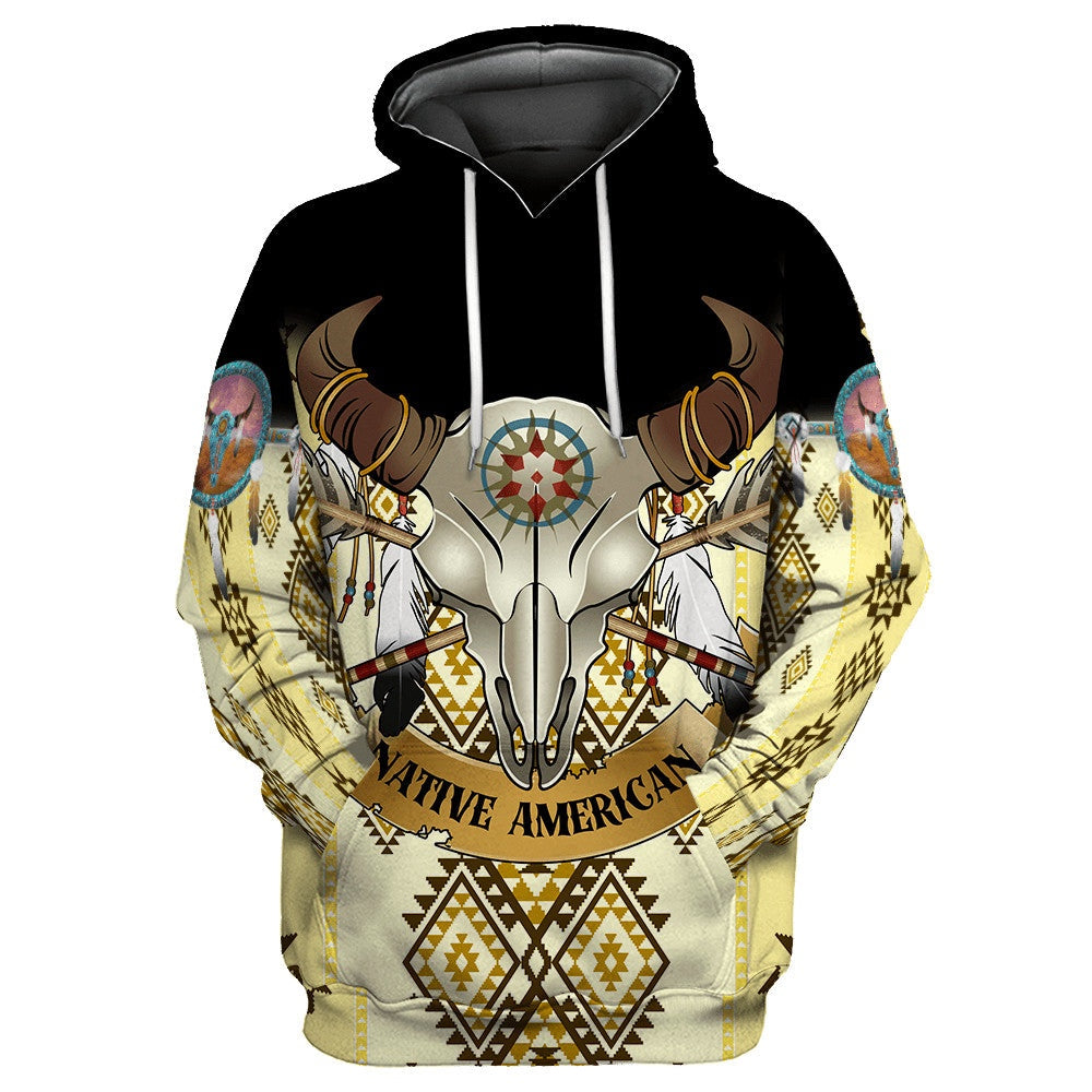 Native American Hoodie Native American Bull Skull Tribal Pattern Hoodie Black Yellow Unisex - Cozy Hoodie For Cold Weather