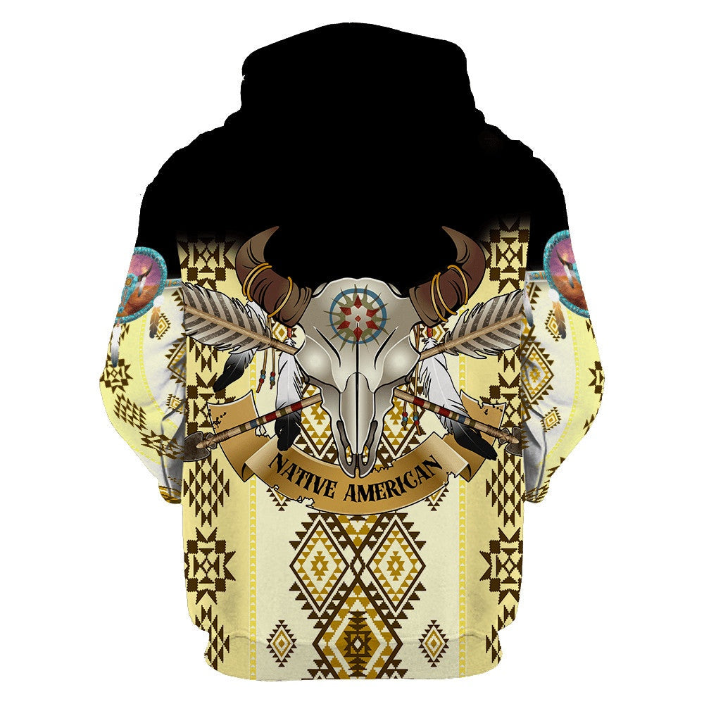 Native American Hoodie Native American Bull Skull Tribal Pattern Hoodie Black Yellow Unisex - Cozy Hoodie For Cold Weather