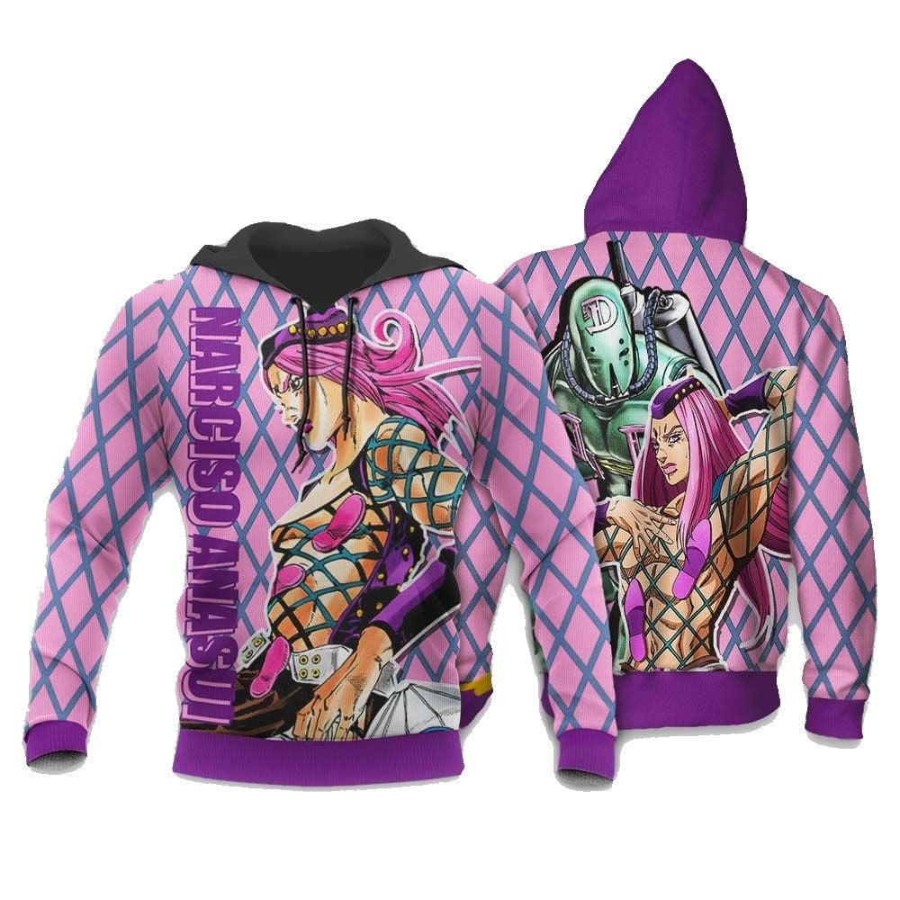 Jojos Bizarre Adventure Hoodie Narciso Anasui Graphic Square Pattern Hoodie Pink Unisex - Cozy Hoodie For Cold Weather