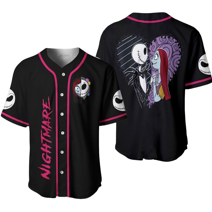 Tnbc Baseball Jersey Jack Skellington and Sally Lover Jersey Shirt Black Pink Unisex Adult