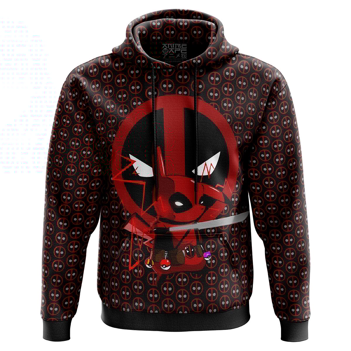 Deadpool Hoodie Marvel Pikachu Deadpool Symbol Pattern Hoodie Red Black Unisex - Cozy Hoodie For Cold Weather