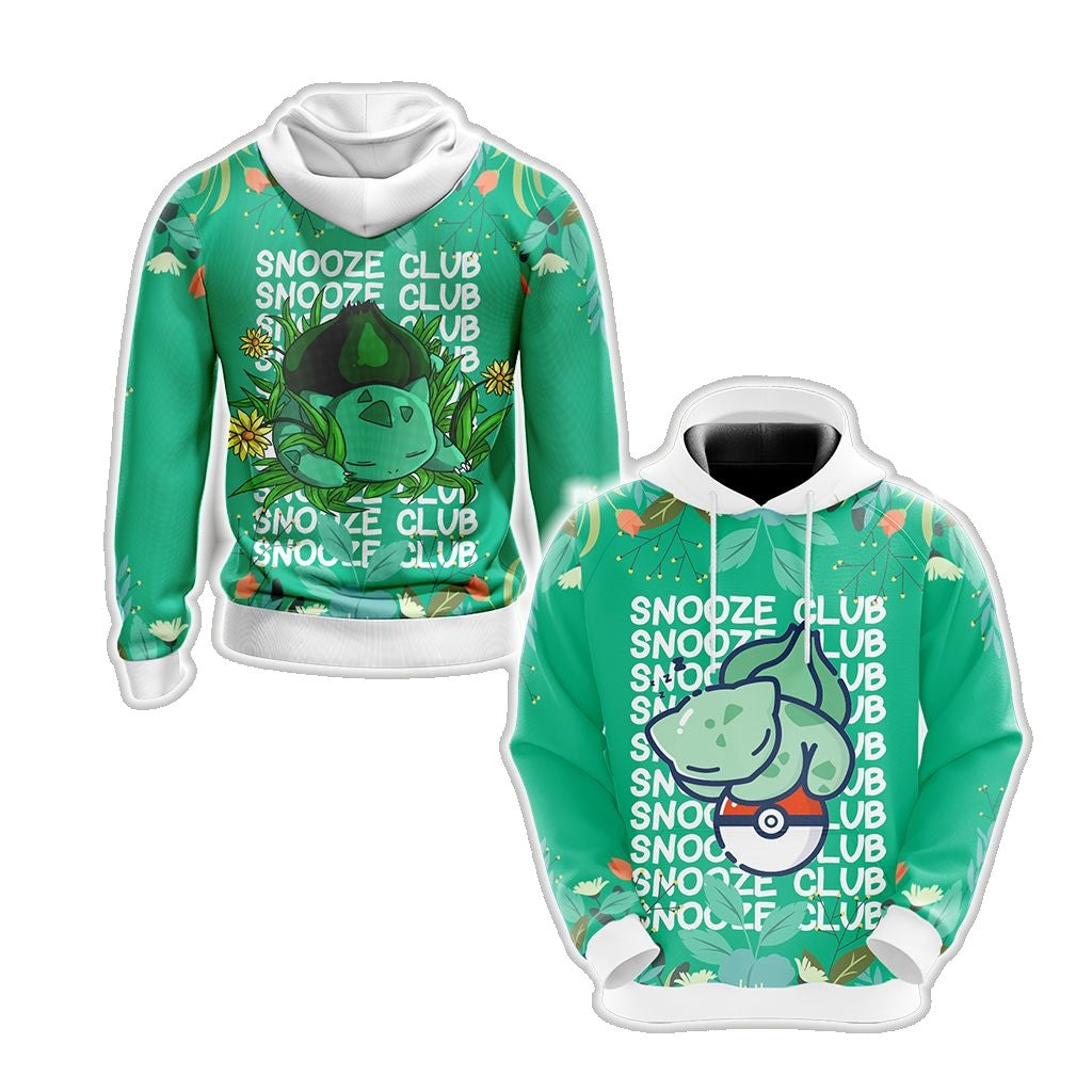 Pokemon Hoodie Chibi Cute Bulbasaur Snooze Club Hoodie Green Unisex - Cozy Hoodie For Cold Weather