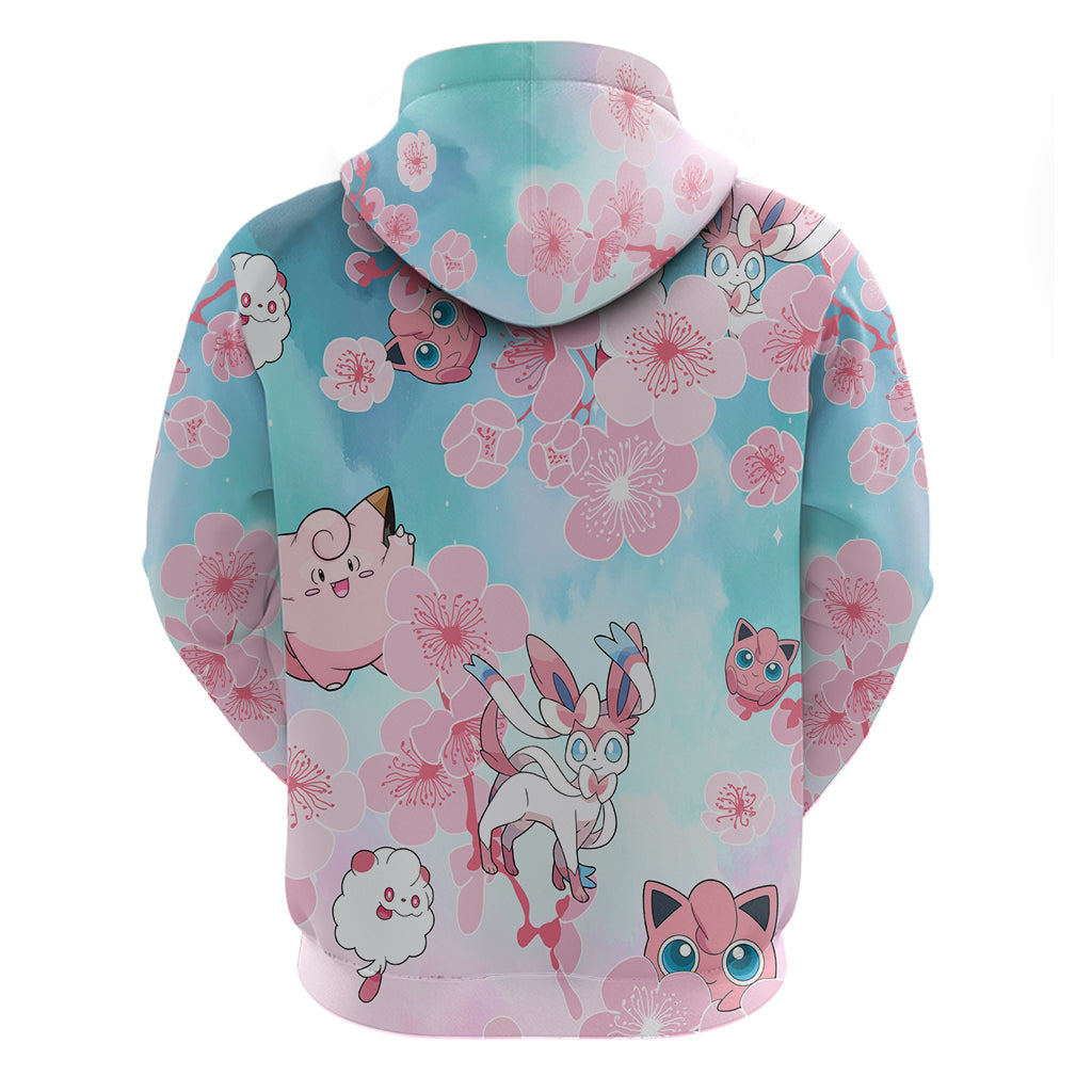 Pokemon Hoodie Pokemon Fairy Type Cherry Blossom Pattern Hoodie Pink Blue Unisex - Cozy Hoodie For Cold Weather