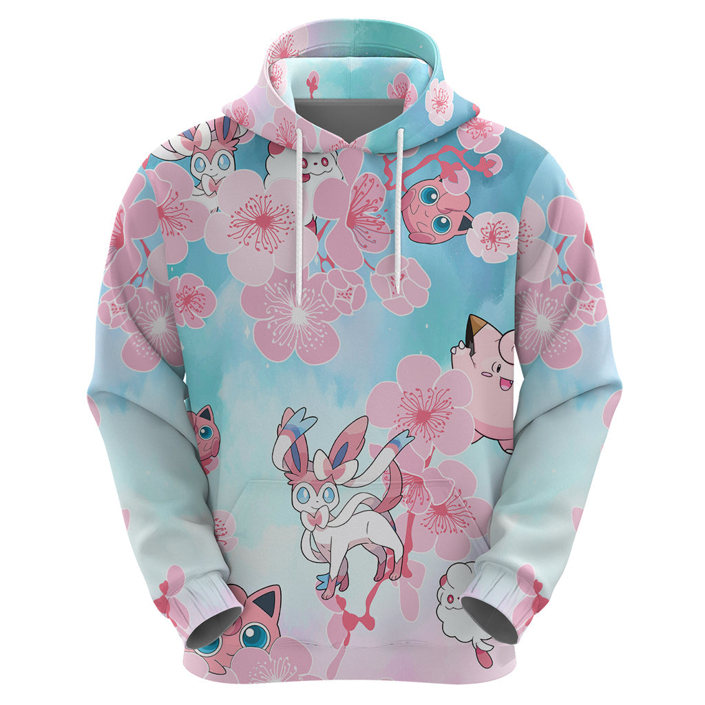 Pokemon Hoodie Pokemon Fairy Type Cherry Blossom Pattern Hoodie Pink Blue Unisex - Cozy Hoodie For Cold Weather