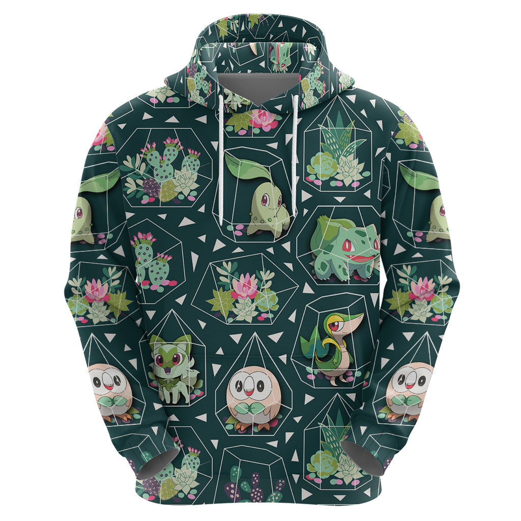 Pokemon Hoodie Pokemon Grass Type Succulents Terrarium Pattern Hoodie Green Unisex - Cozy Hoodie For Cold Weather