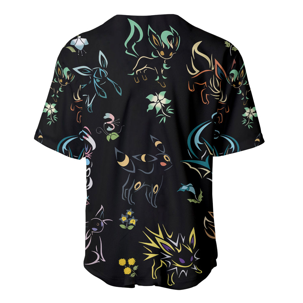 PKM Baseball Jersey PKM Eeveelutions Silhouette Flower Pattern Jersey Shirt Black Unisex