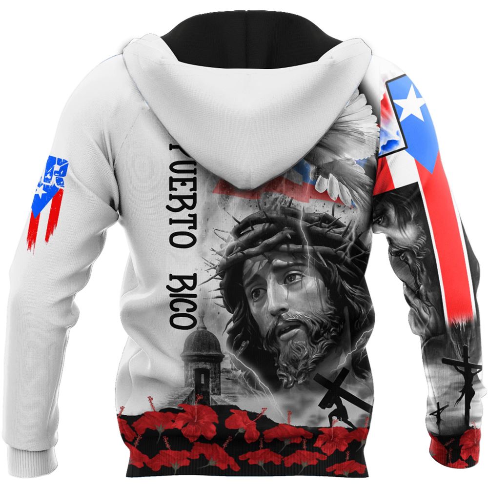 Puerto Rico Hoodie Puerto Rico Jesus Dove Cross Hoodie White Gray Unisex - Cozy Hoodie For Cold Weather