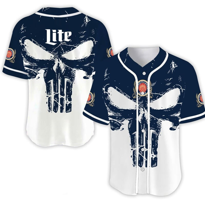 Miller Baseball Jersey Retro Punisher Skull Miller Lite Jersey Shirt White Blue Unisex Adult New Release