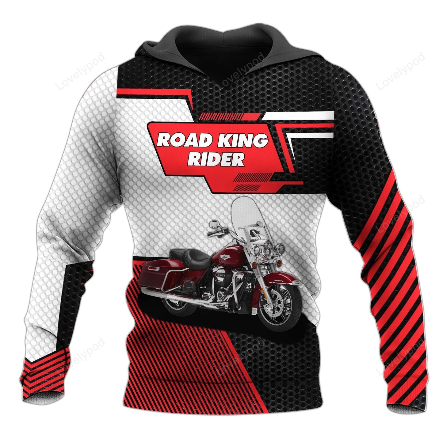 Motorcycle Hoodie Road King Rider Graphic T-Shirt Black Red Unisex - Trendy Gift For Men & Women