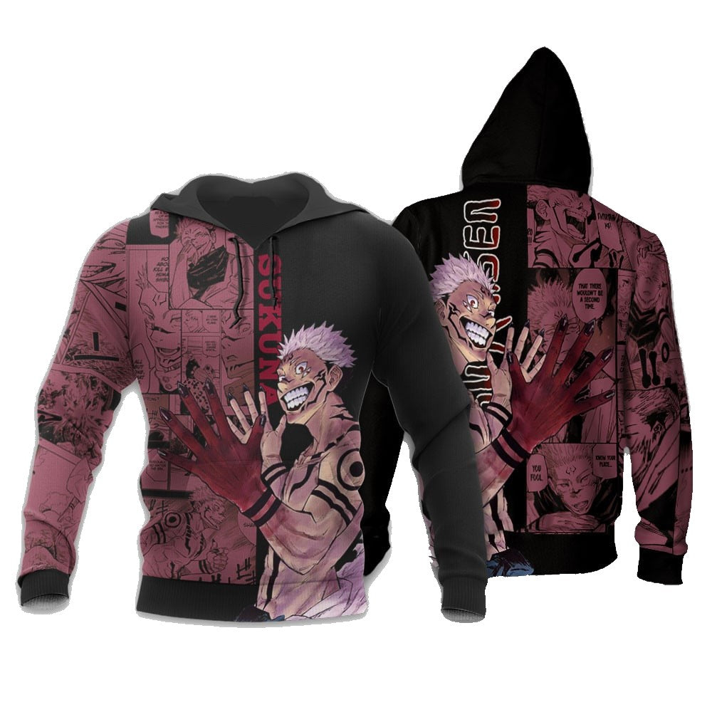 Jujutsu Kaisen Hoodie Ryoumen Sukuna Graphic Manga Style Hoodie Black Red Unisex - Cozy Hoodie For Cold Weather