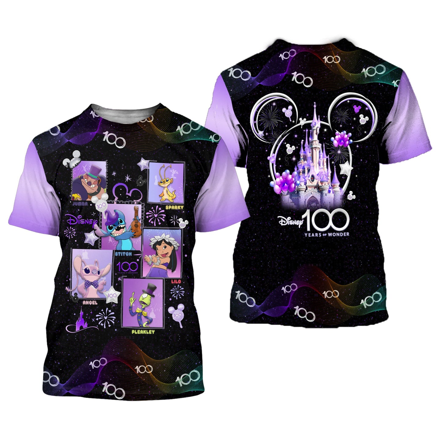 Disney T-Shirt Lilo And Stitch Square Disney 100 Years Of Wonder T-Shirt Black Purple Unisex Adults New Release - Trendy Gift For Men & Women