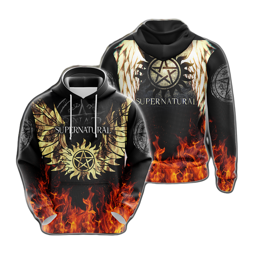 Supernatural Hoodie Supernatural Symbol Wings And Fire Hoodie Black Unisex - Cozy Hoodie For Cold Weather