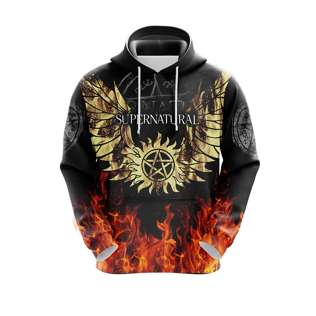 Supernatural Hoodie Supernatural Symbol Wings And Fire Hoodie Black Unisex - Cozy Hoodie For Cold Weather