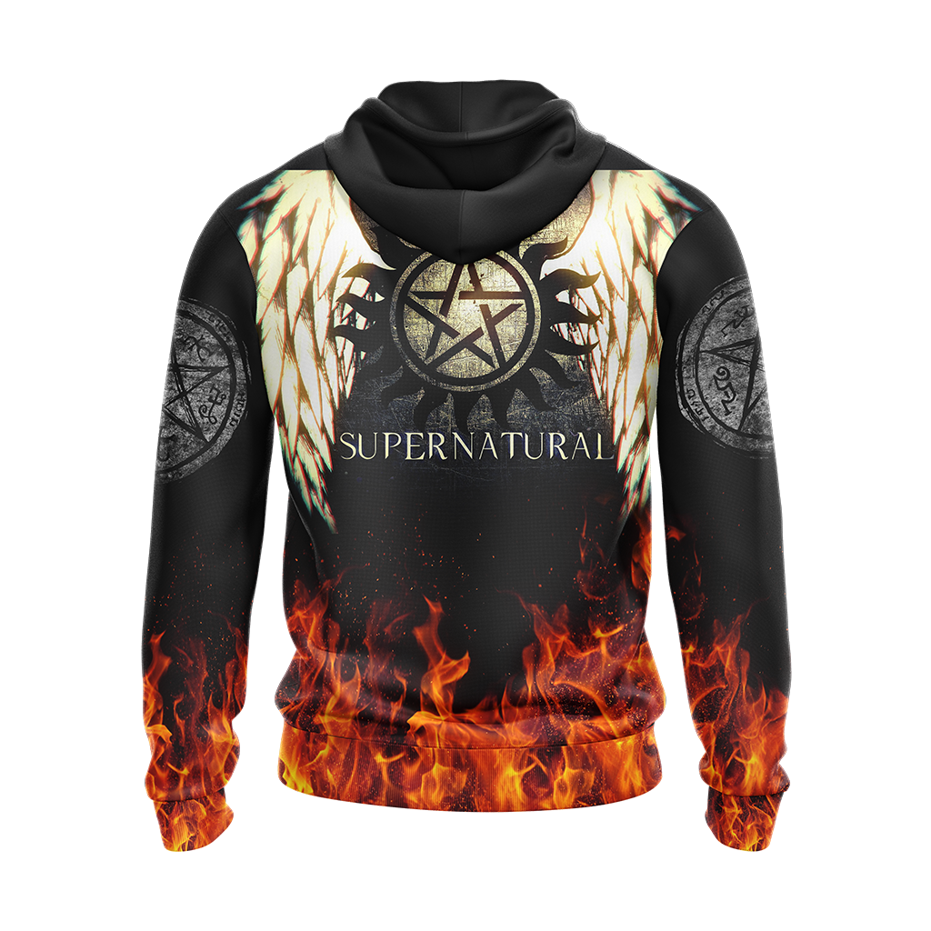 Supernatural Hoodie Supernatural Symbol Wings And Fire Hoodie Black Unisex - Cozy Hoodie For Cold Weather
