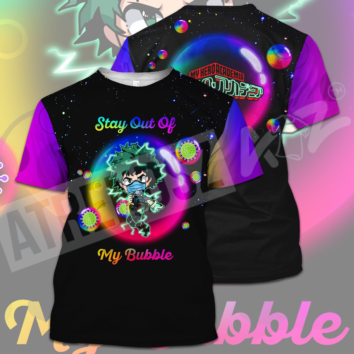 My Hero Academia Covid T-shirt Midoriya Izuku Stay Out Of My Bubble Pink Purple Black T-shirt Hoodie