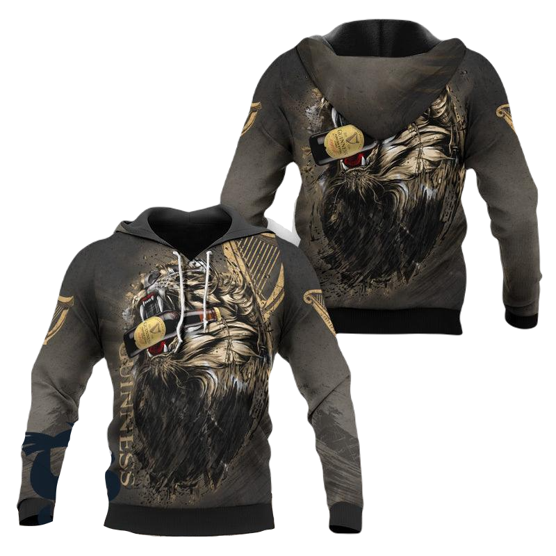 Guinness Hoodie Lion Biting Guinness Bottle Hoodie Brown Unisex - Cozy Hoodie For Cold Weather