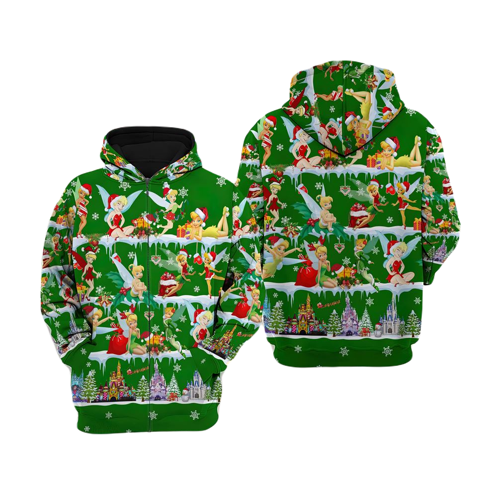 Tinker Bell Zip Hoodie Tinker Bell Pattern Christmas Season Zip Hoodie Green Unisex