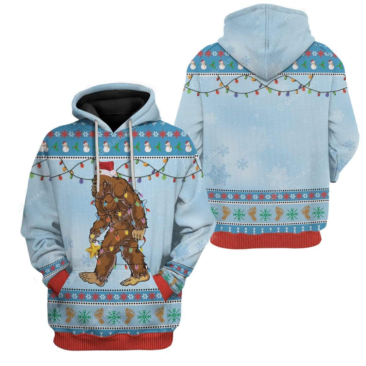 Bigfoot Hoodie Bigfoot Wearing Christmas Hat T-Shirt Blue Unisex - Trendy Gift For Men & Women