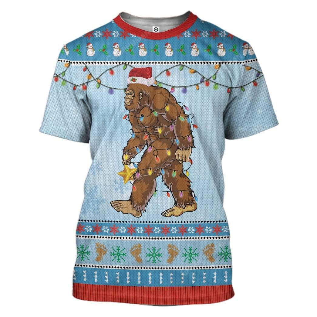 Bigfoot Hoodie Bigfoot Wearing Christmas Hat T-Shirt Blue Unisex - Trendy Gift For Men & Women