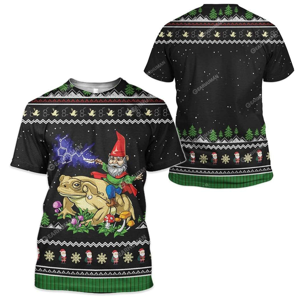 Gnome Hoodie Gnome Riding Toad Christmas Pattern T-Shirt Green Black Unisex - Trendy Gift For Men & Women