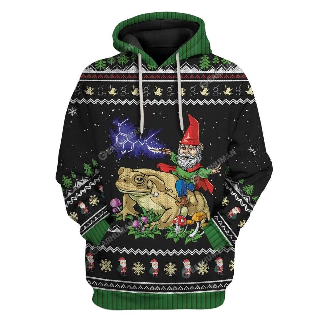 Gnome Hoodie Gnome Riding Toad Christmas Pattern T-Shirt Green Black Unisex - Trendy Gift For Men & Women
