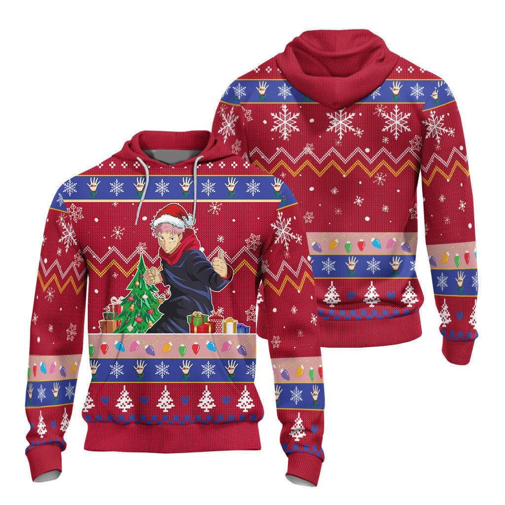 Jujutsu Kaisen Hoodie Yuji Itadori Fighting Christmas Pattern Hoodie Red Unisex - Cozy Hoodie For Cold Weather