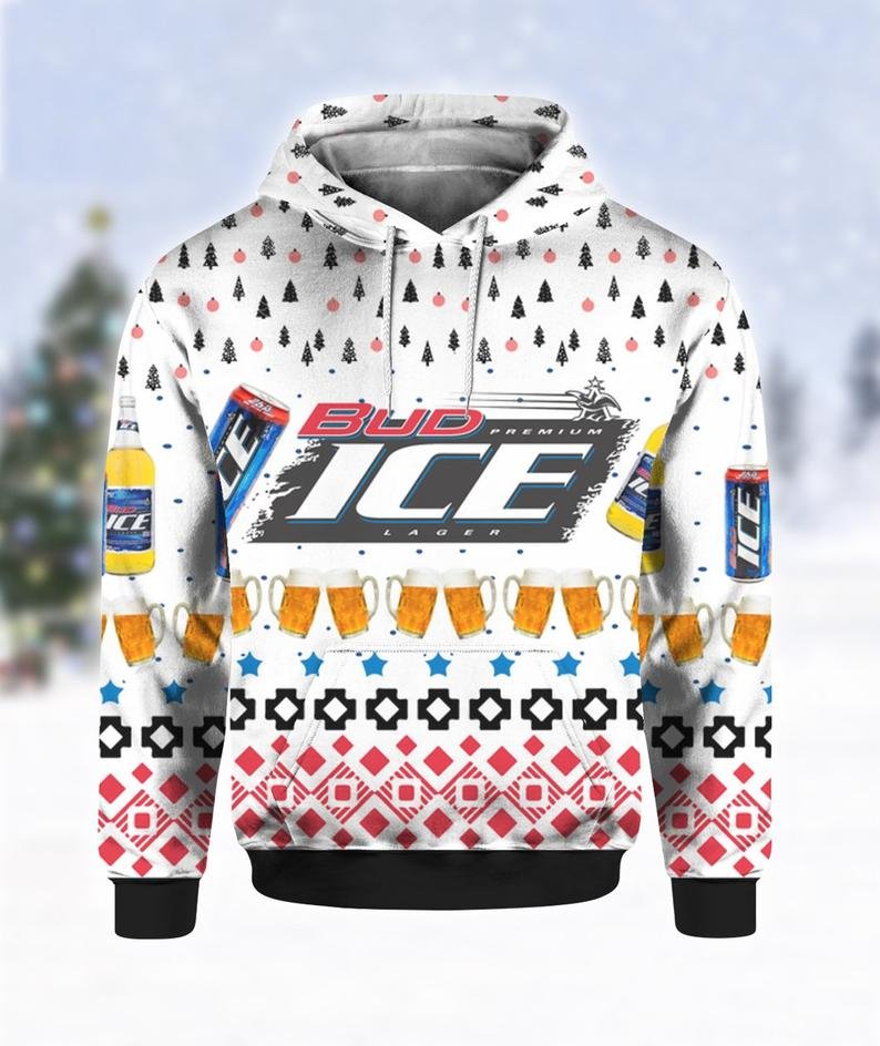 Beer Hoodie Bud Ice Premium Lager Beer Pattern White Hoodie Amazing Beer - Cozy Hoodie For Cold Weather