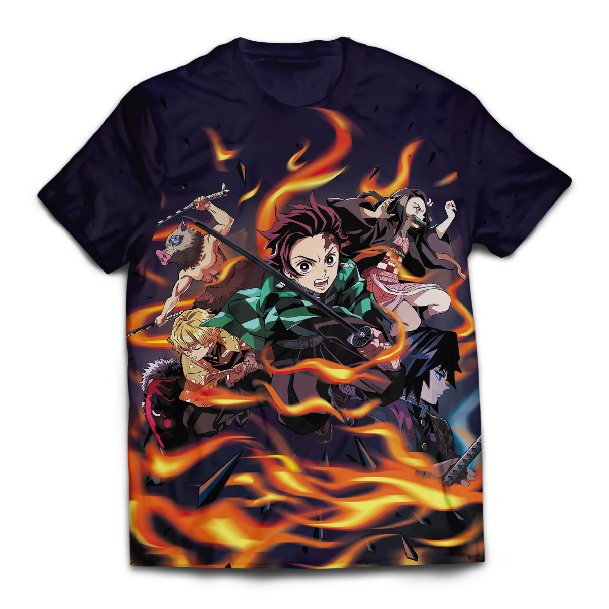 Demon Slayer Shirt Tanjiro Nezuko Giyu Tomioka Zenitsu Inosuke Fire Black Shirt Demon Slayer Apparel
