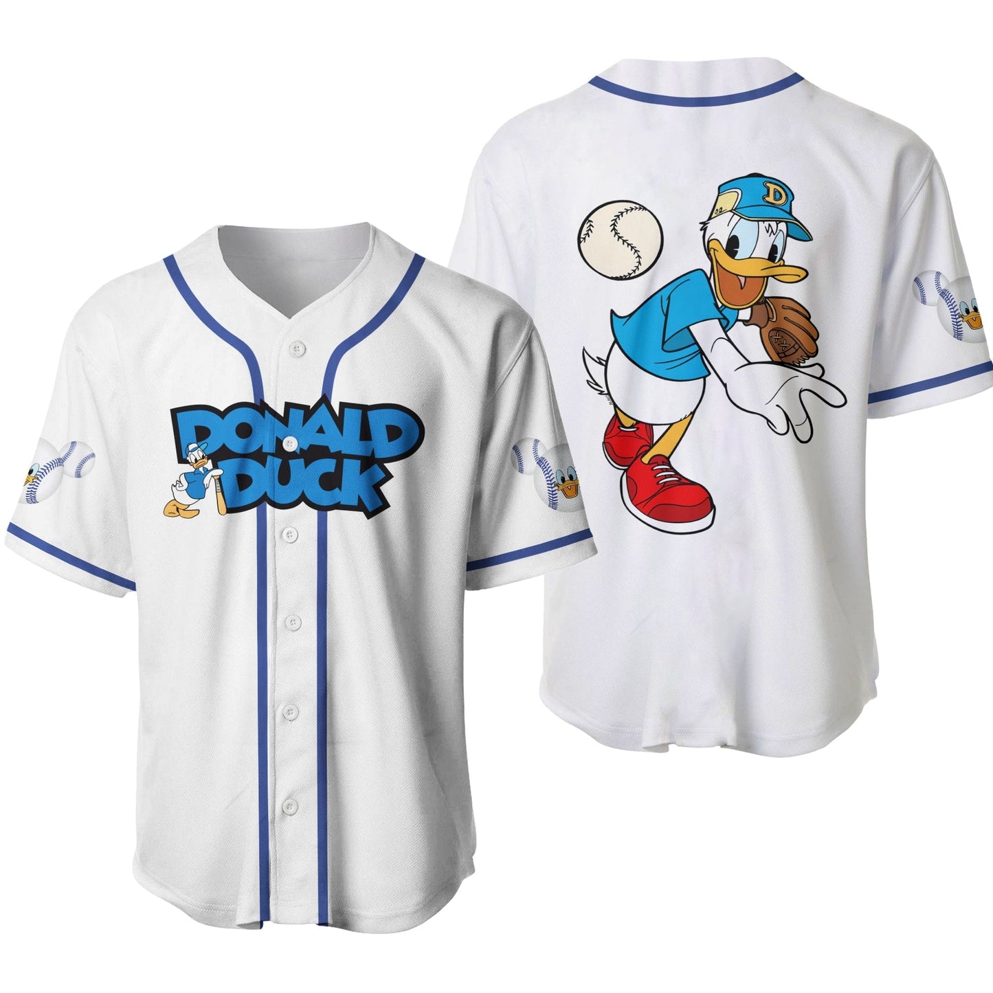 Disney Jersey Disney Donald Duck Character Throwing Ball Graphic White Blue Jersey Shirt Baseball Donald Duck Baseball