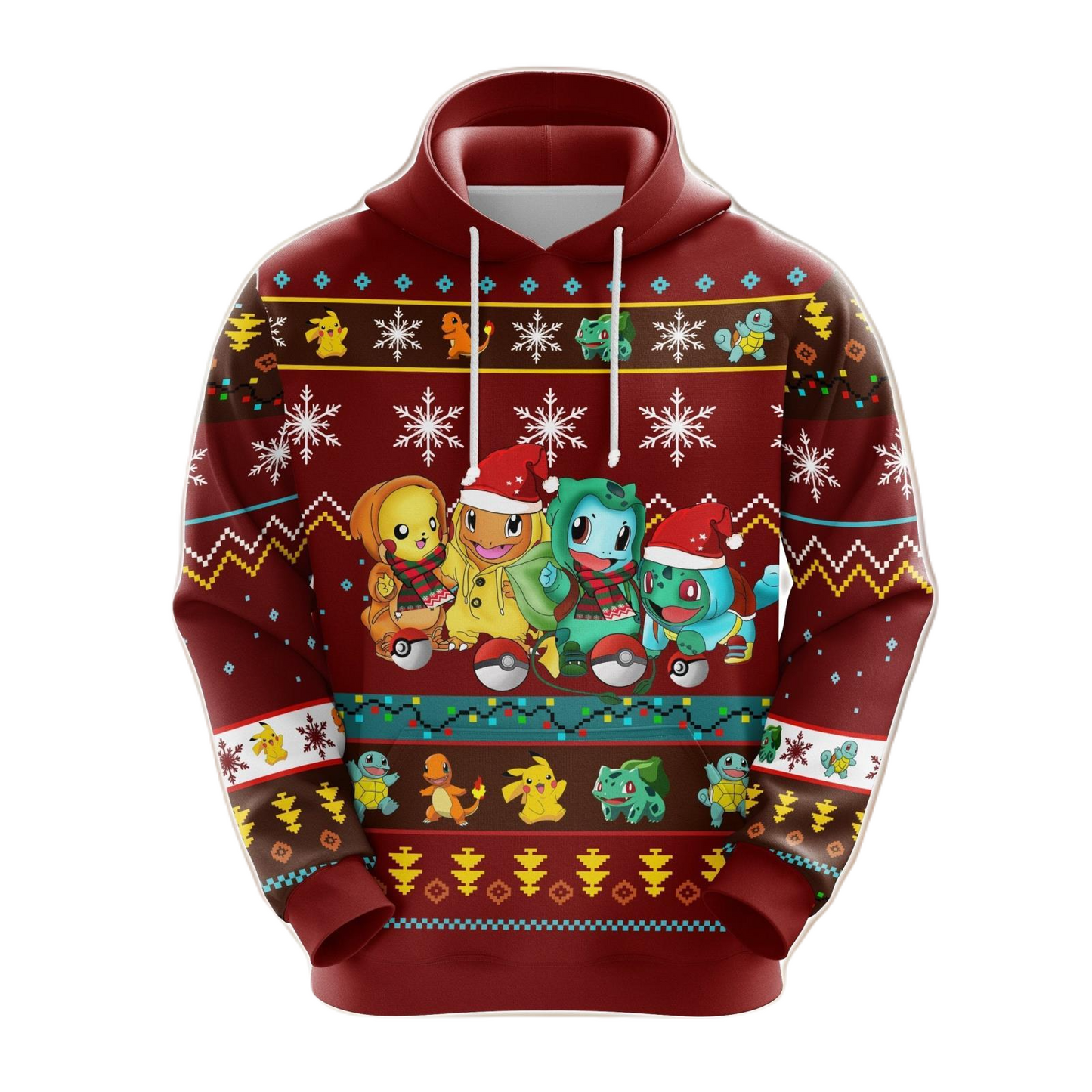 Pokemon Hoodie Pikachu Charmander Squirtle Bulbasaur Christmas Pattern Hoodie Red Unisex - Cozy Hoodie For Cold Weather
