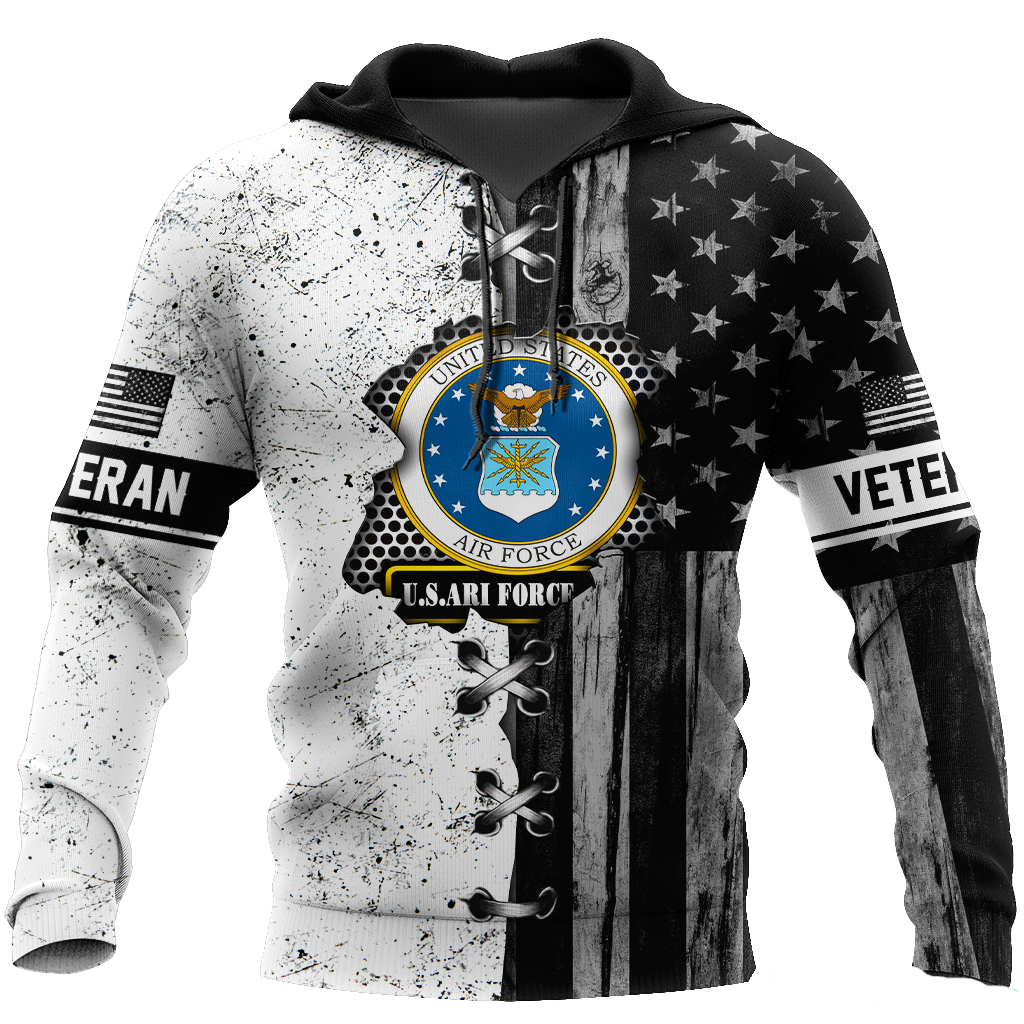 Veteran Hoodie Veteran Us Air Force American Flag Stitches T-Shirt Black White Unisex - Trendy Gift For Men & Women