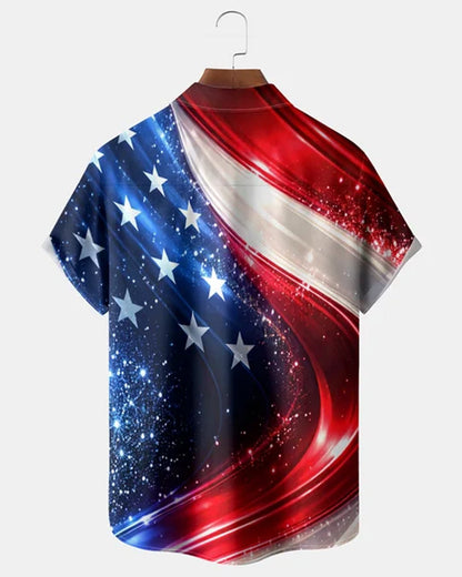 Alohadaddy® Men's Holiday Patriotic American Flag Stars Stripes Galaxy Nebula Glare Retro Print Button Down Short-Sleeve Big & Tall