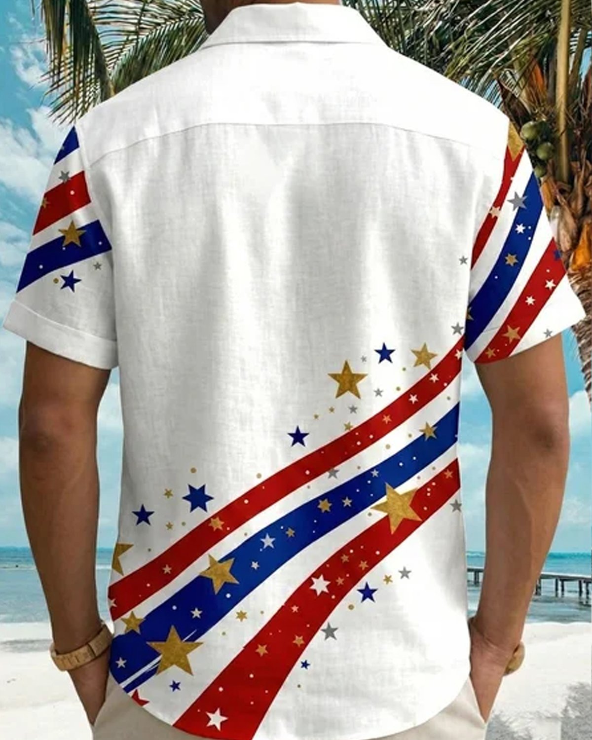 Alohadaddy® Men's Holiday Patriotic America 250th Anniversary 1776-2026 Stars Stripes Retro Print Button Down Short-Sleeve Big & Tall
