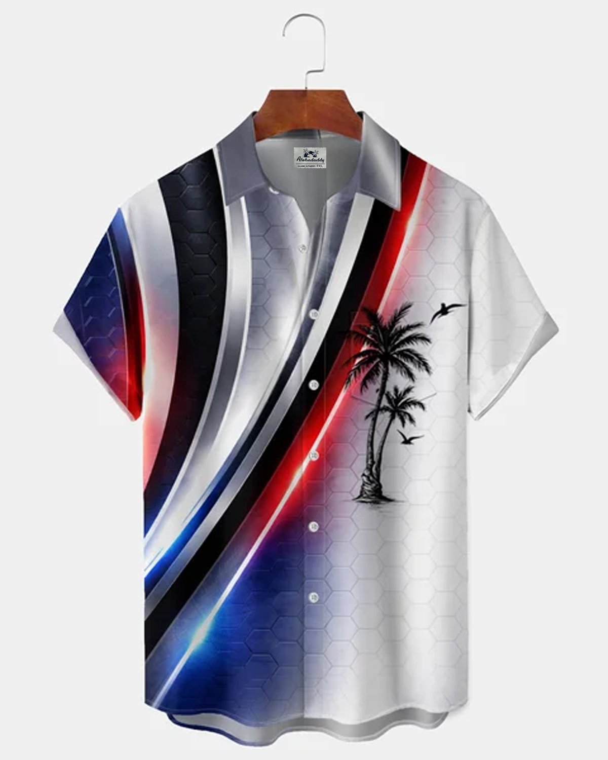 Alohadaddy® Men's Holiday Patriotic Abstract Gradient Cyber Future Streamline Light Palm Tree Print Retro Button Down Short-Sleeve Shirt Big & Tall