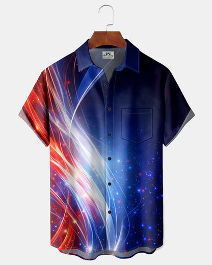 Alohadaddy® Men's Holiday Patriotic American Flag Abstract Light Streak Space Galaxy Retro Print Button Down Short-Sleeve Big & Tal