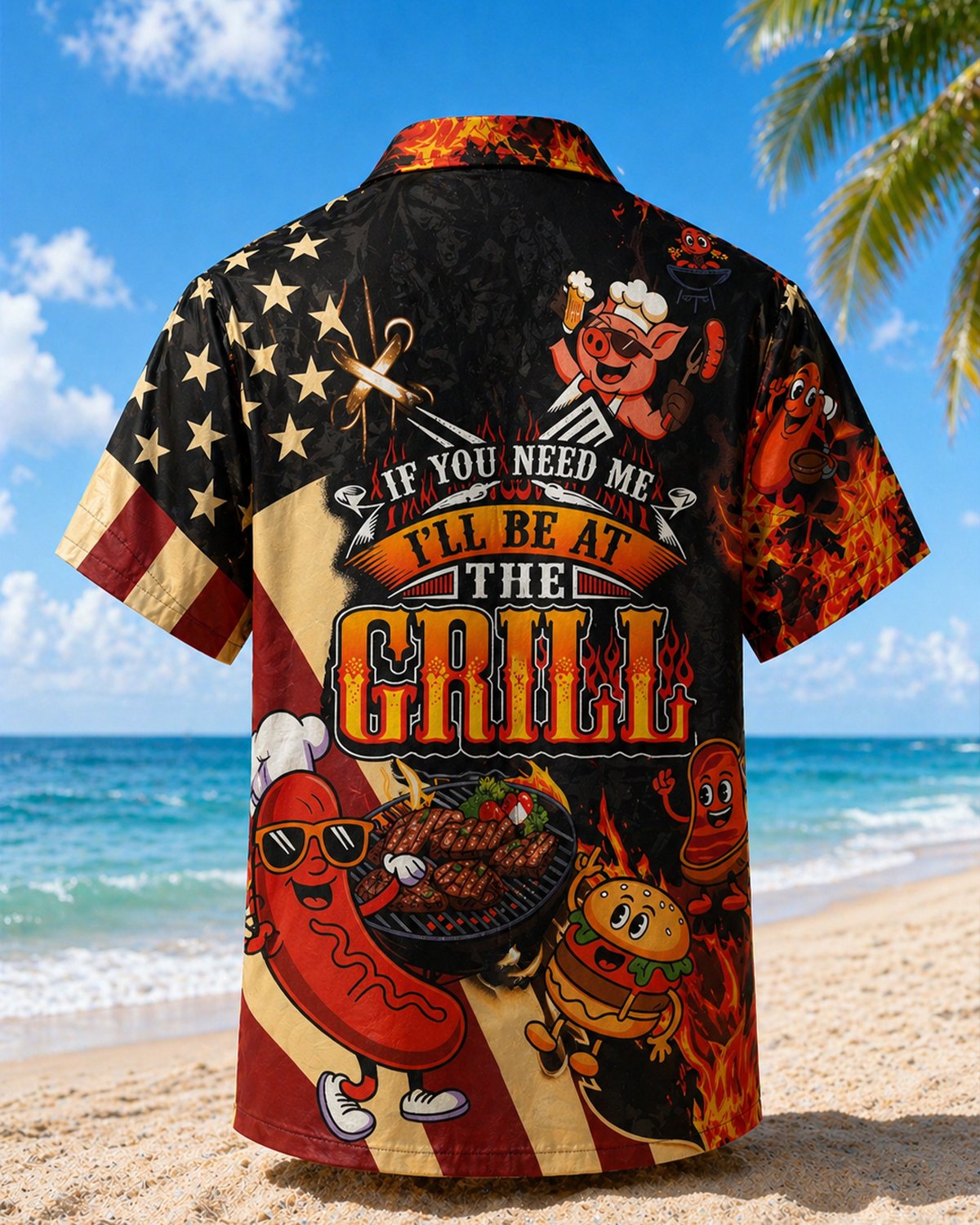 Alohadaddy® Hawaiian BBQ Party Independence Day Flag Short-Sleeve Shirt