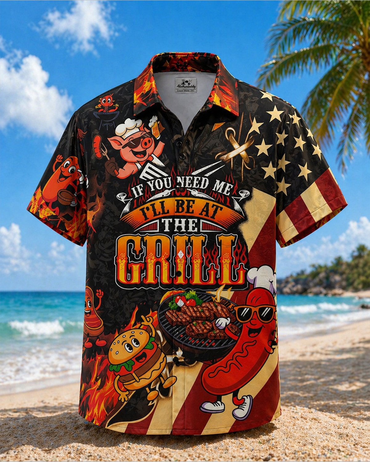Alohadaddy® Hawaiian BBQ Party Independence Day Flag Short-Sleeve Shirt
