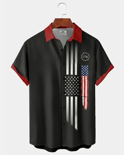 Alohadaddy® Men's Holiday USA 250th Anniversary 1776 Star Stripes Print Retro Short Sleeve-Shirt Shirt