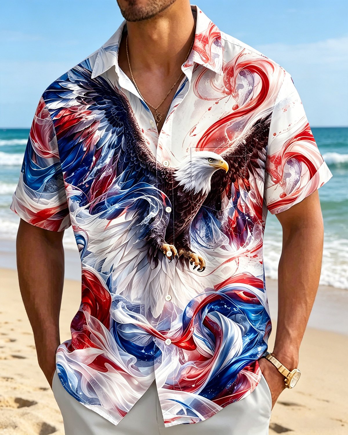Alohadaddy® Independence Day Holiday Abstract Art Gradient Eagle Print Short-Sleeve Shirt