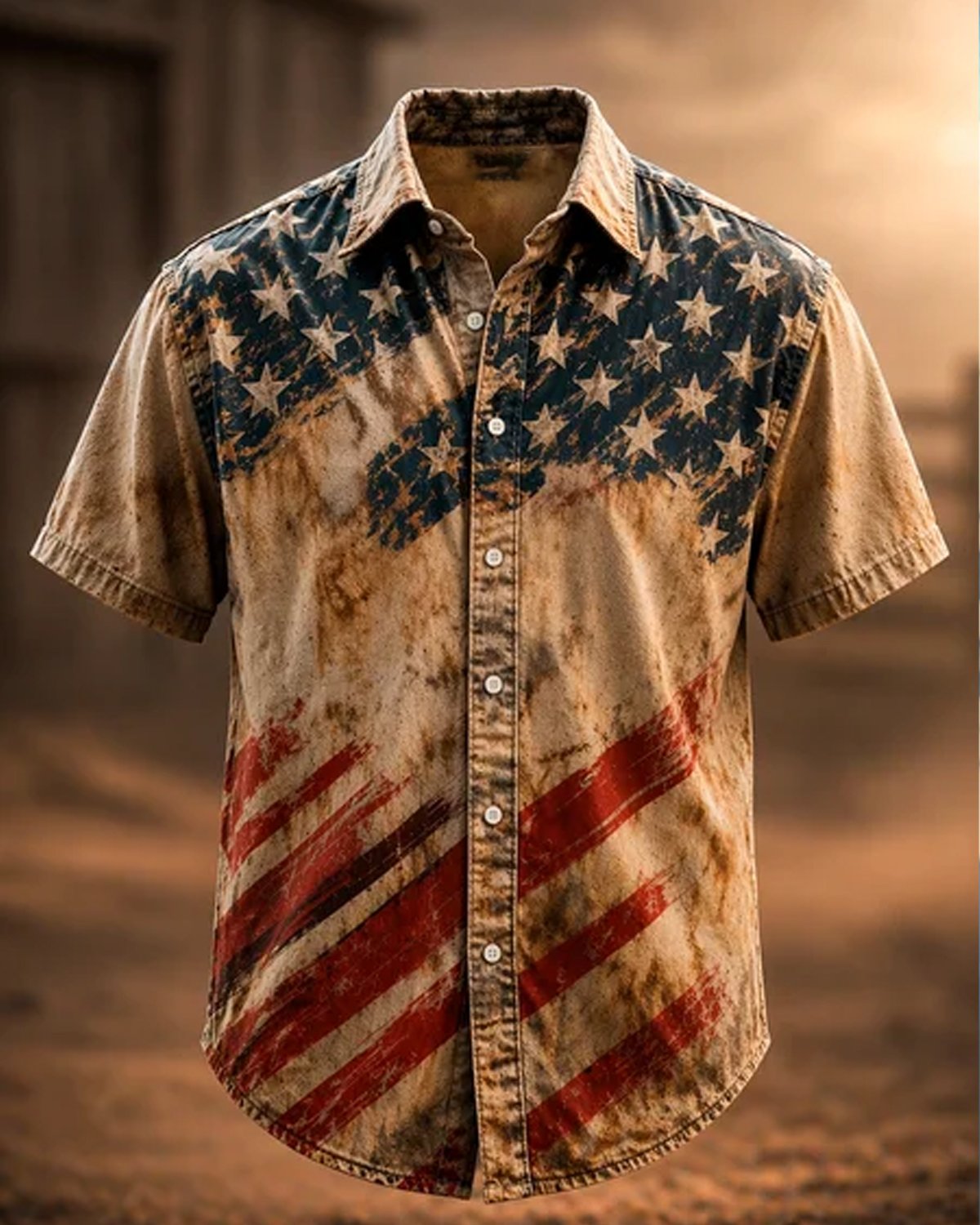 Alohadaddy® Men's Vintage-Textured Distressed Print Independence Day American Flag Short-Sleeve Shirt