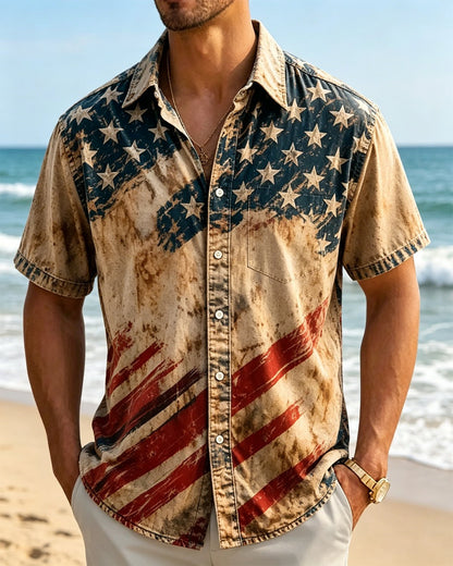 Alohadaddy® Men's Vintage-Textured Distressed Print Independence Day American Flag Short-Sleeve Shirt